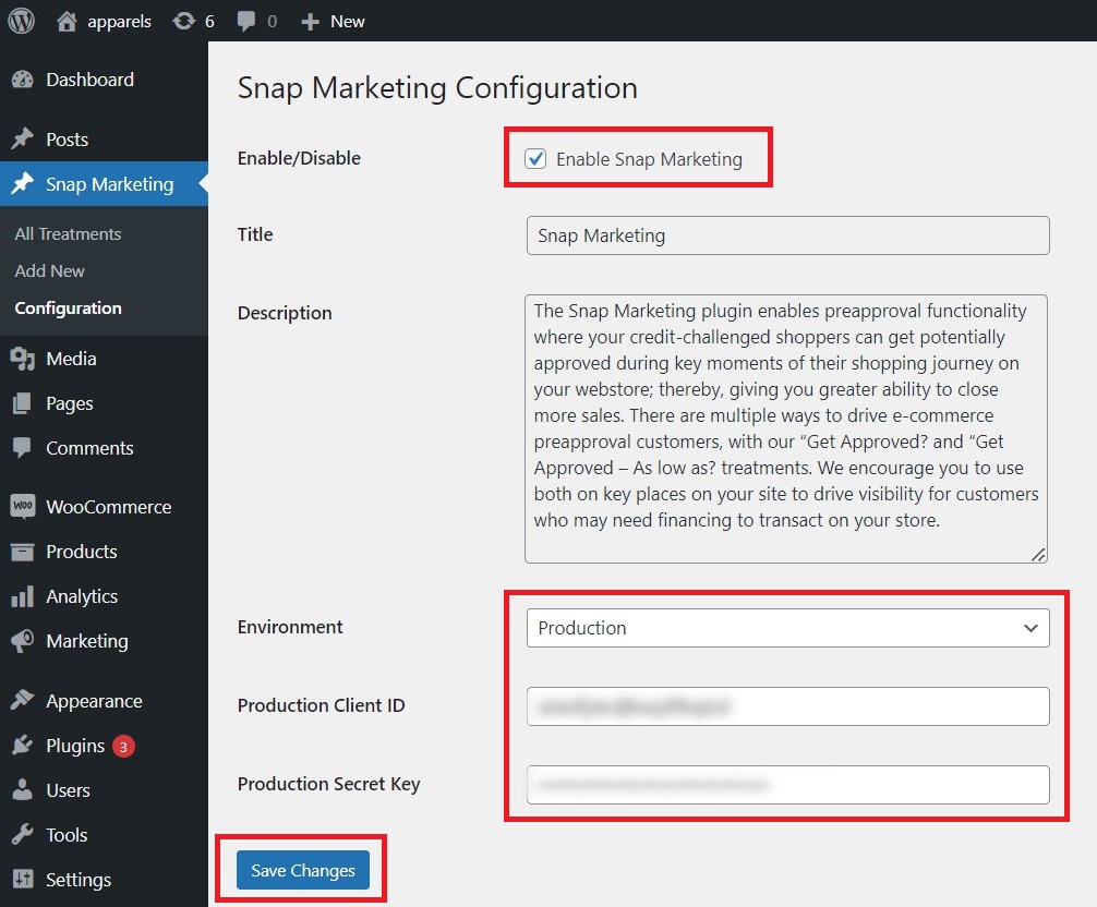 Image for Snap Marketing Plugin enable page